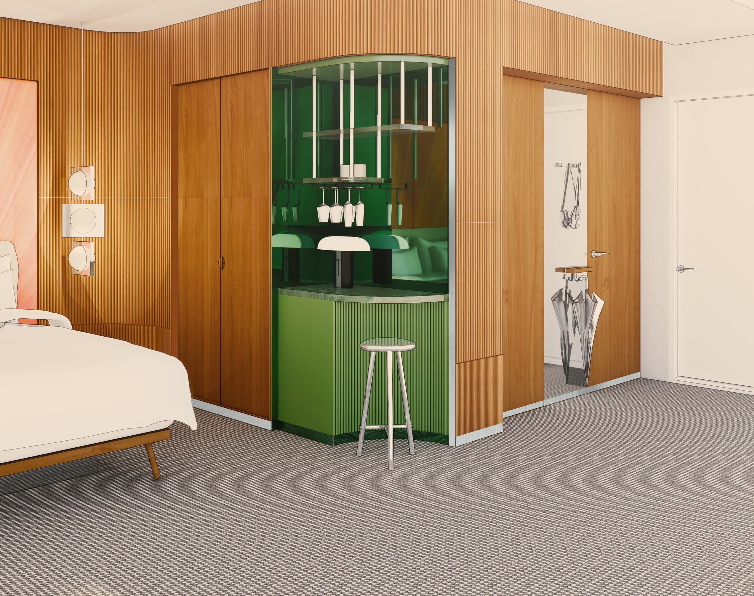 Twinkamer met houten wand, groene minibar en kast