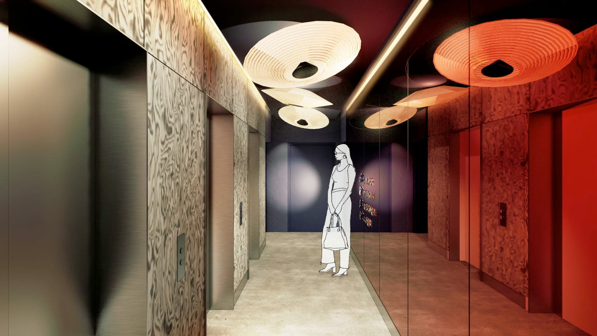 Liftlobby met terrazzo wanden en hangende lampen