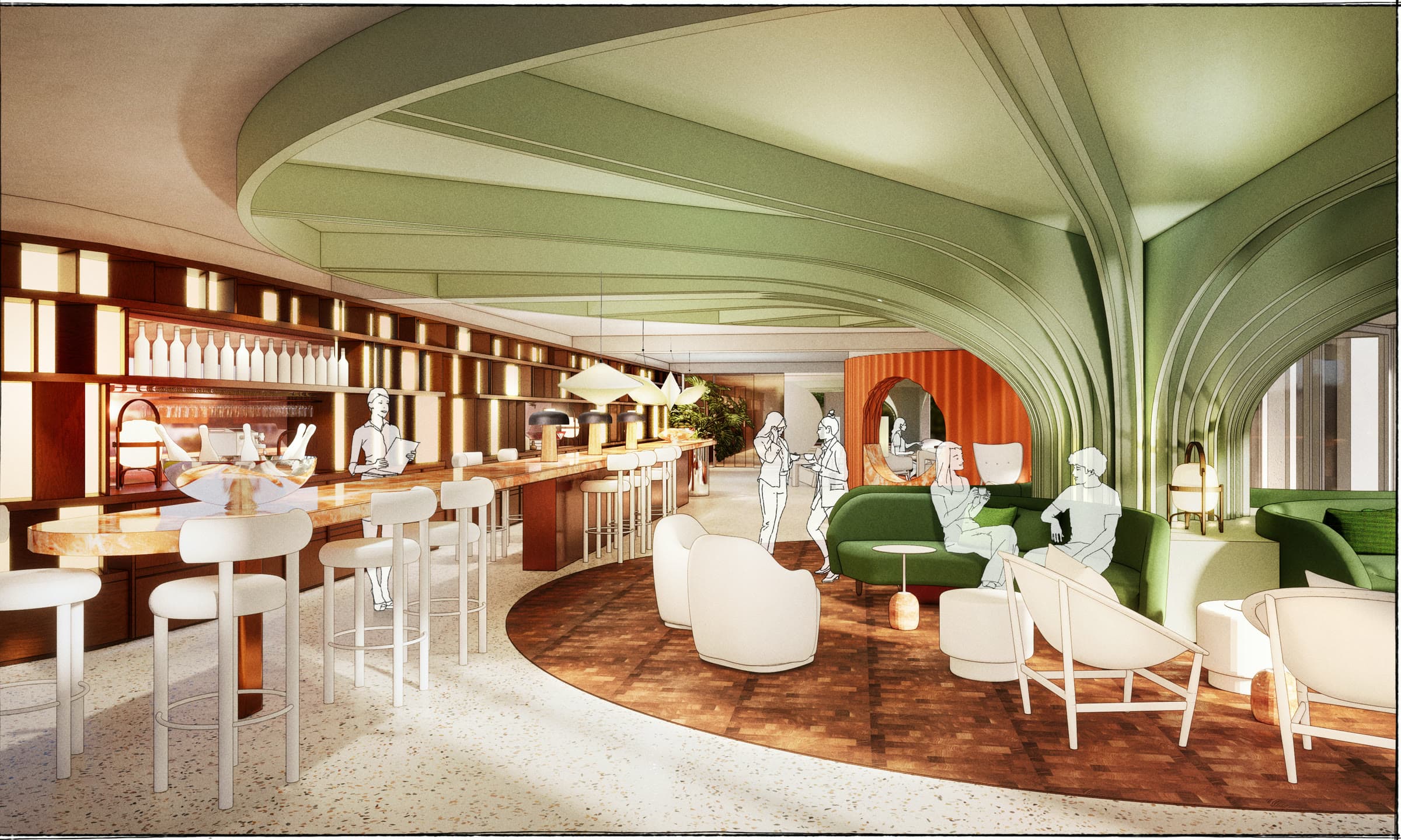 Lobby met bar, lounge en een groen gewelfd plafond