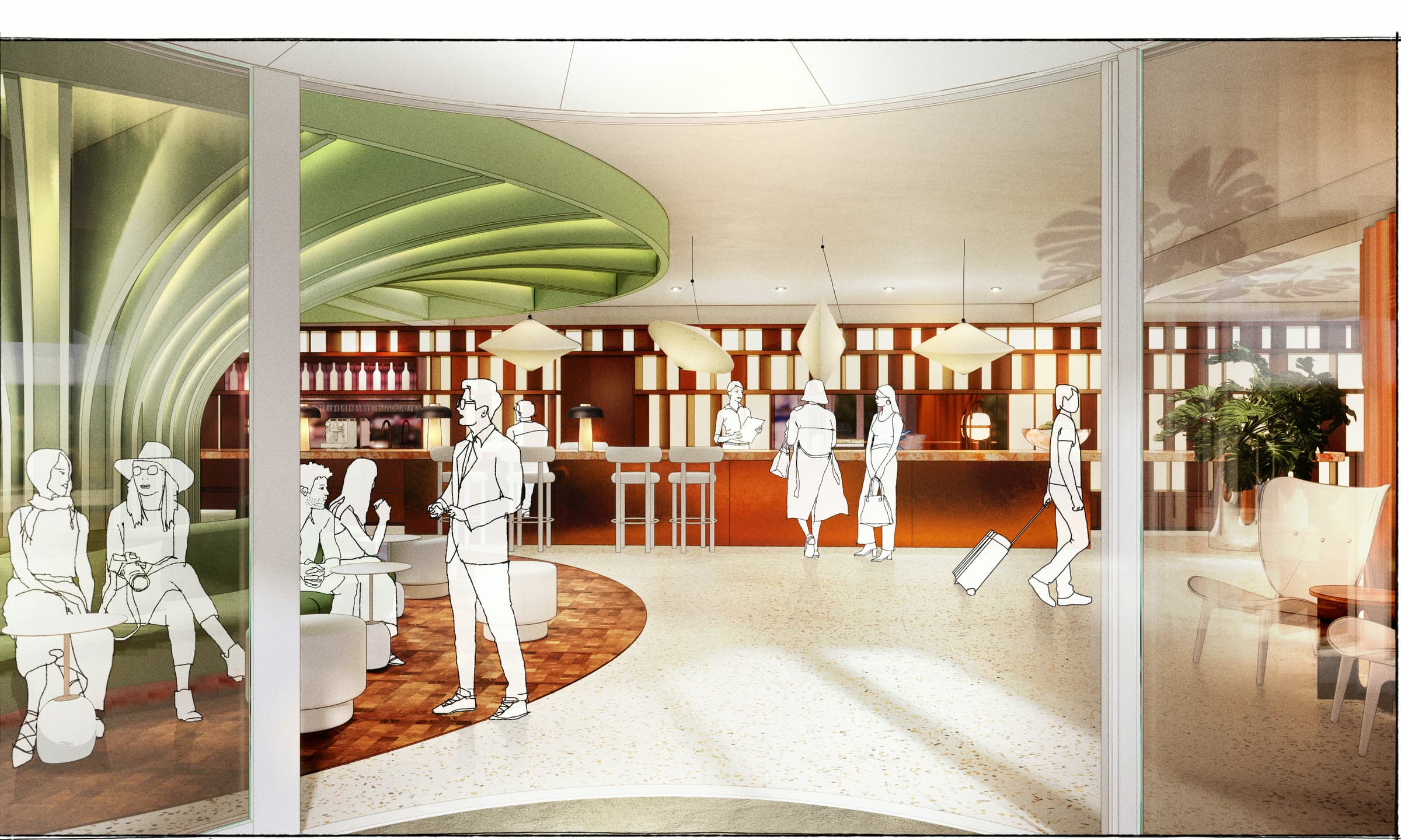 Entree van de lobby met zicht op de bar
