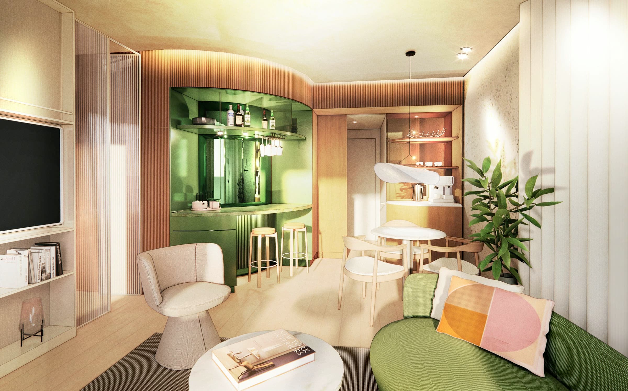 Zithoek van de suite met ronde bank en groene bar