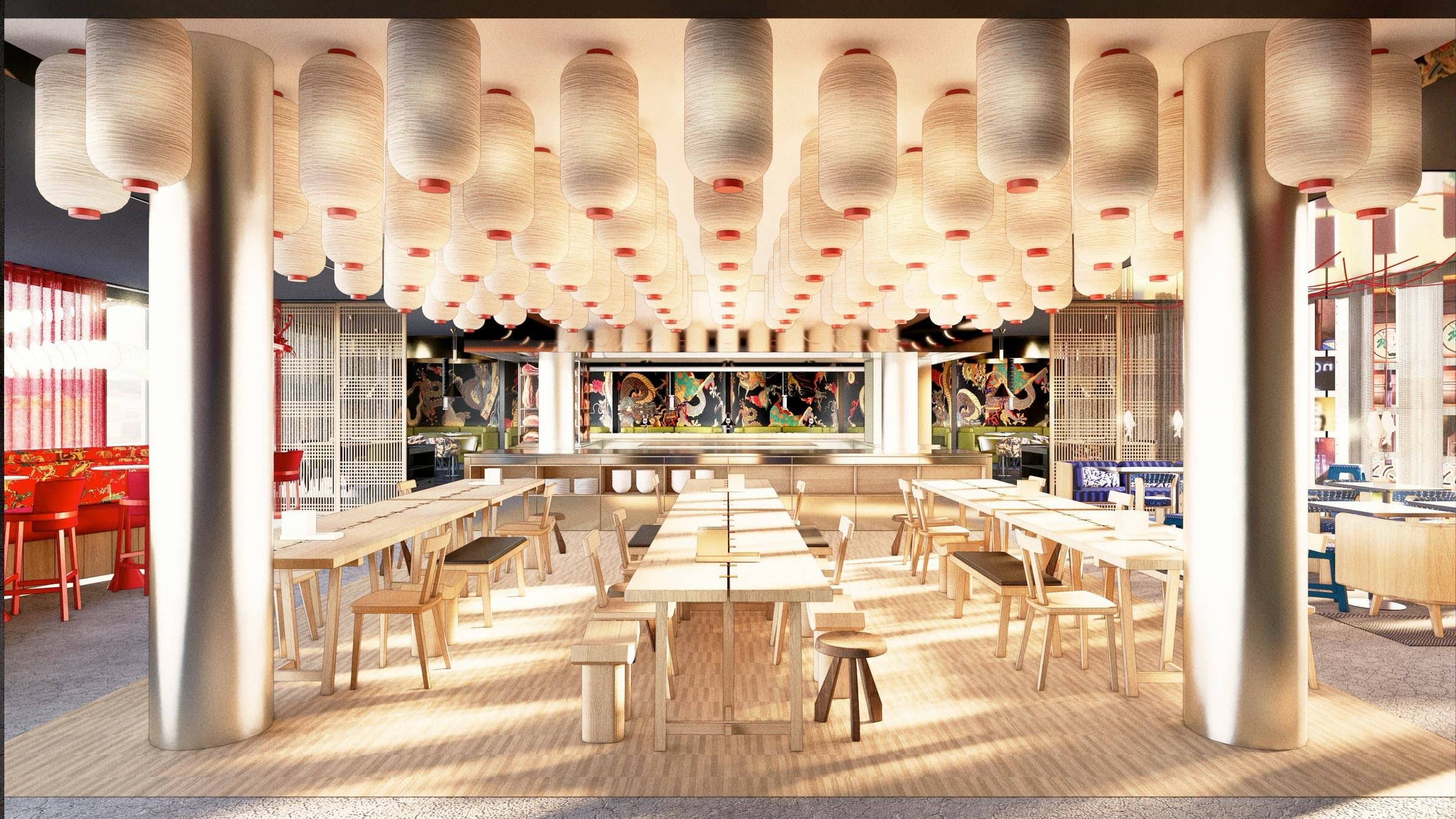 Restaurant van Encounter Hotel met lange houten tafels onder een plafond van lampionnen